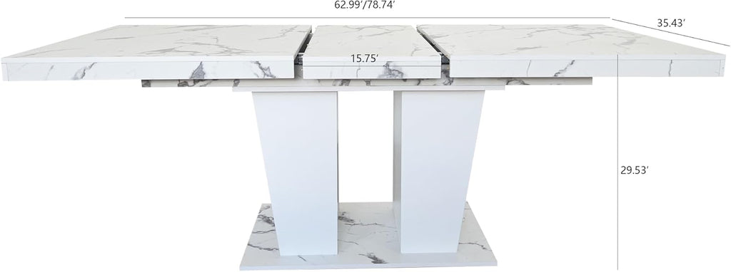 Extendable Dining Room Table for 6-10 Person, Modern Large Rectangular Kitchen Tables w/Dual Column Pedestal Base for Kitchen Living Room, White Marble