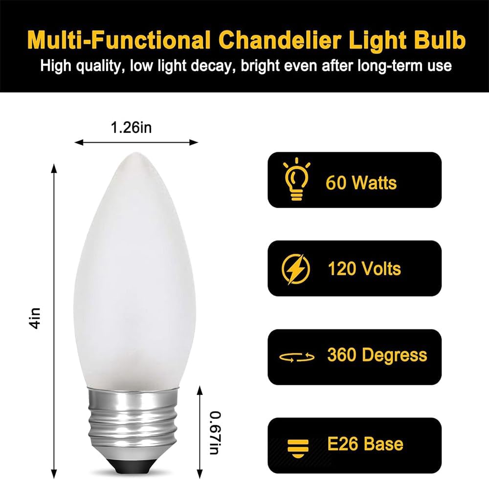 60 Watt Incandescent Light Bulbs, Medium E26 Candelabra Base Equivalent Incandescent Torpedo Tip Chandelier with