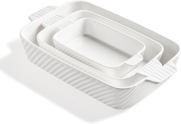 Ceramic Dish Set, Cake Dish for Brownie, Porcelain Striped Casserole Dishes for Oven with Handle for Lasagna, Family