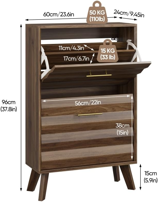 Slim Flip-Top Shoe Cabinet, Mid-Century Modern, 23.6in | Dual Tilt-Out Doors, Open Top Shelf, Angled Solid Wood Legs