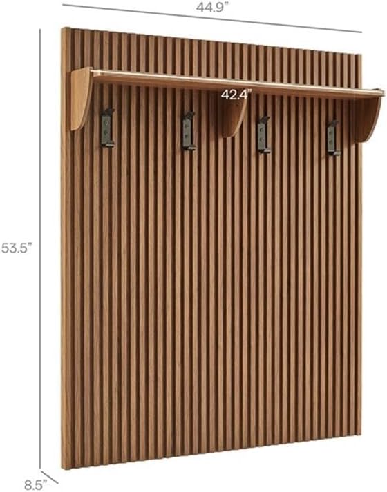 Contemporary Wall-Mounted Fluted Coat Rack Panel, Walnut Finish, 4 Hooks with Shelf, Durable Wood Grain Laminate