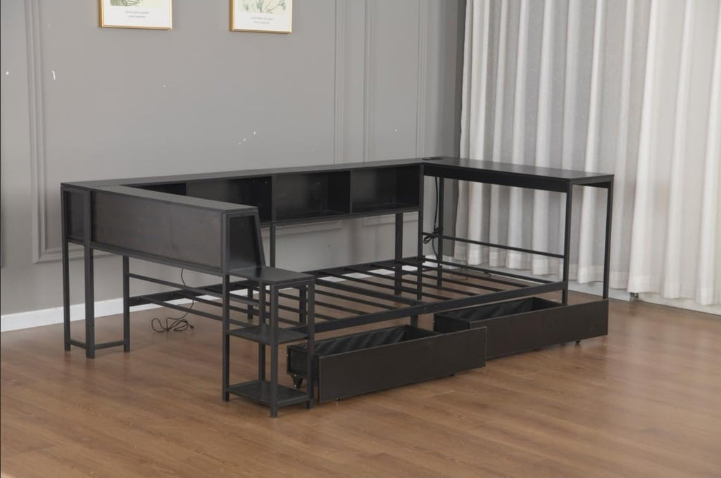 Twin Corner Bed Frame with Desk and Storage, Twin Size cornner Bed with Charging Station and LED Light, Wood Daybeds