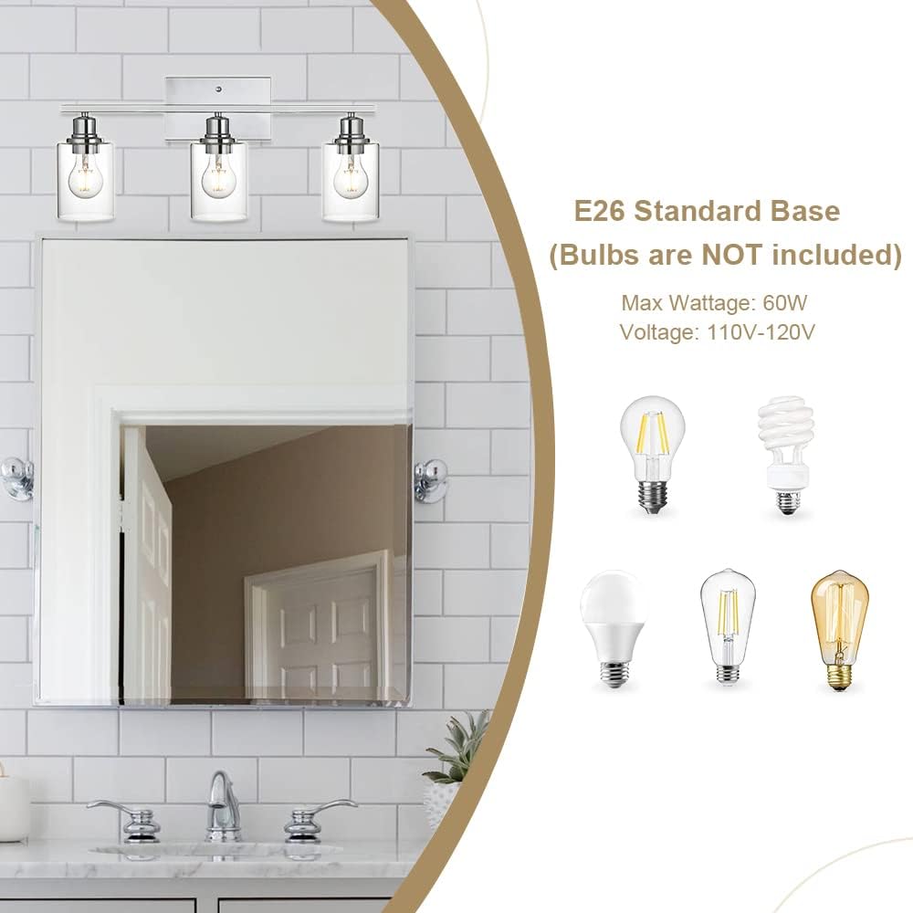 3 Light Wall Light Fixture with Clear Glass Shade Classic Bathroom Vanity Lighting Fixture in Chrome Finish Metal