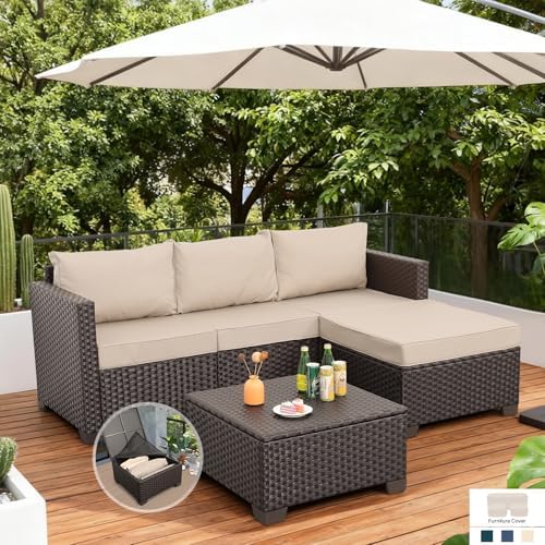 3-Piece Wicker Outdoor Patio Furniture Set | Khaki All-Weather Resistant for Patio, Garden & Porch