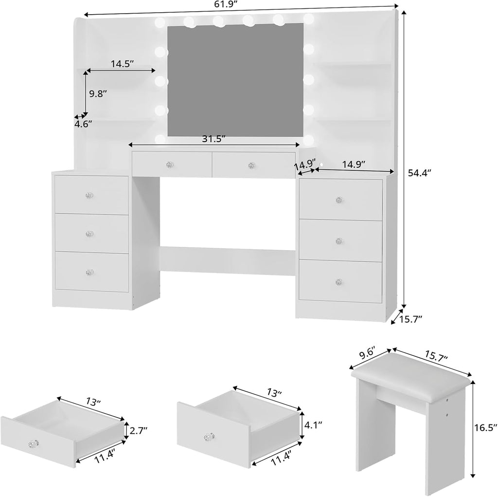 Large Vanity Desk with Lighted Mirror Dressing Table | Makeup Vanity with Power Strip, Soft Stool, 8 Drawers, 6 Open