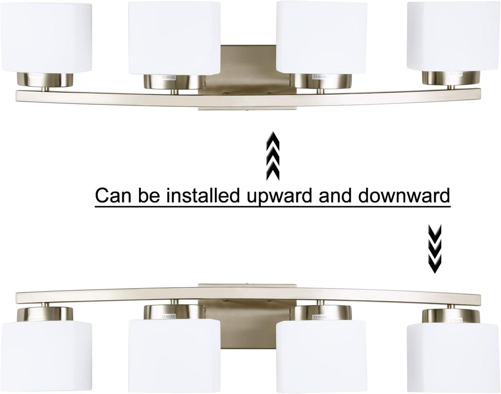 4-Light Brushed Nickel Vanity Light Fixture with White Glass Shade Over Mirror, 31.5 Inches