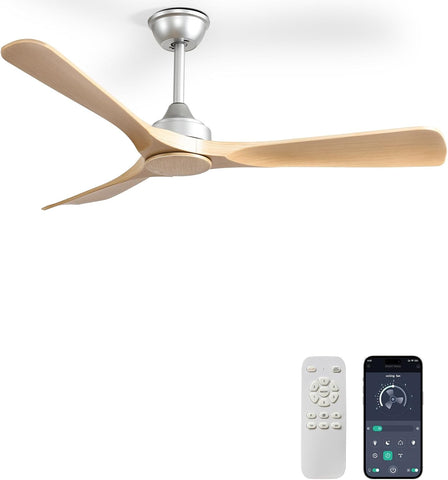 52 Inch 3 Blade Indoor Outdoor Fans for Patios - Wood Ceiling Fan No Light Remote APP Control Ultra Quiet DC Motor Reversible 6 Speed Timer A101-B0C4H65VXP