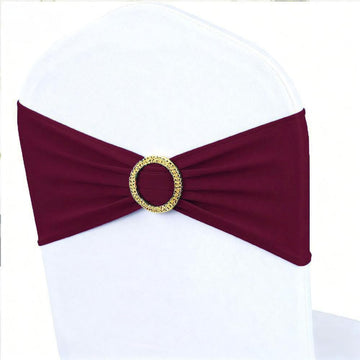 Burgundy Chair Sashes 50 Pack with Gold Buckle Slider, Spandex Wine Red Chair Bands Bows for Folding Chairs Wedding