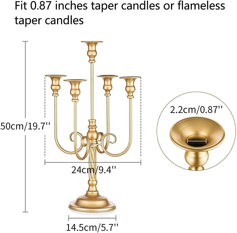 Metal Candelabra Gold Candle Stand 20in Tall, 5-Candle Candlestick Holder for Taper Candles, Candle Holder Party