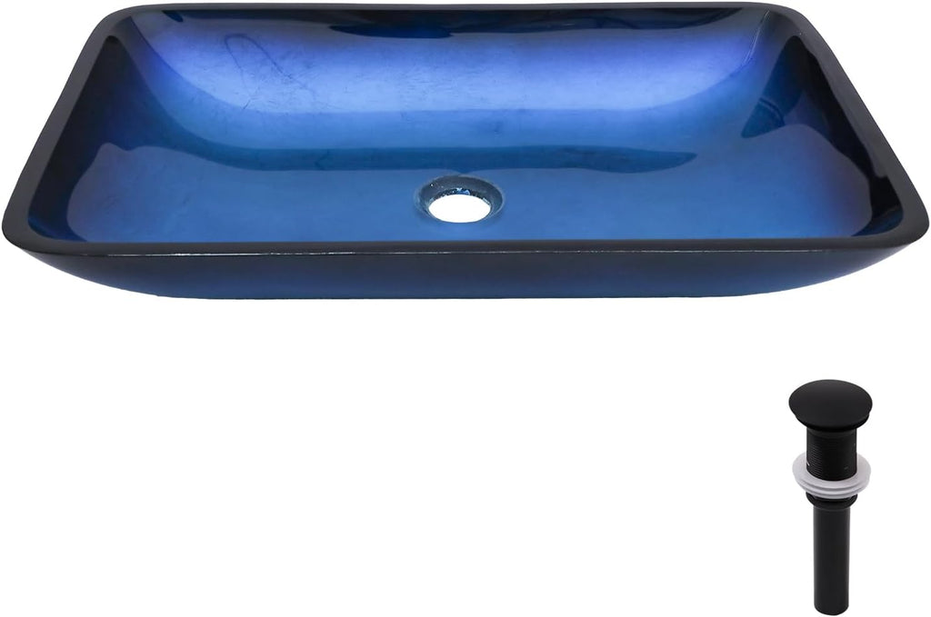 22"×14.25" Vessel Sink, Bathroom Sink Above Counter Amber Blue Gradient Tempered Glass Bowl Square Sink for Bathroom, Tempered Glass Vessel Sink with Pop-up Drain (no Faucet)