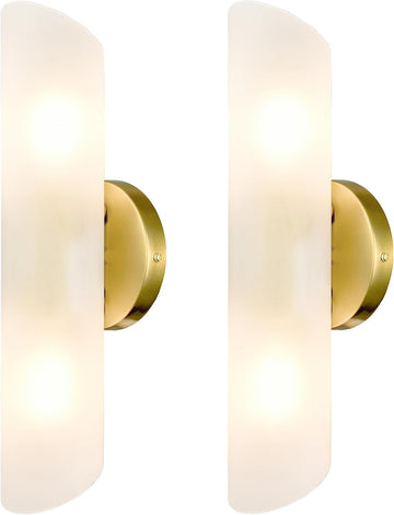 Modern Brass Wall Sconces Set of Two Frosted Glass Wall Light Fixture 2-Light Cylinder Bathroom Vanity Lights Gold