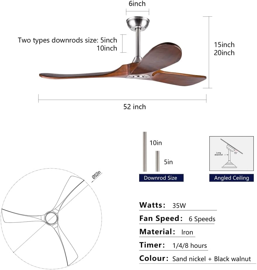 52 Inch Outdoor Ceiling Fan with Remote Control - Solid Wood 3 Blade, Water Resistant, Walnut