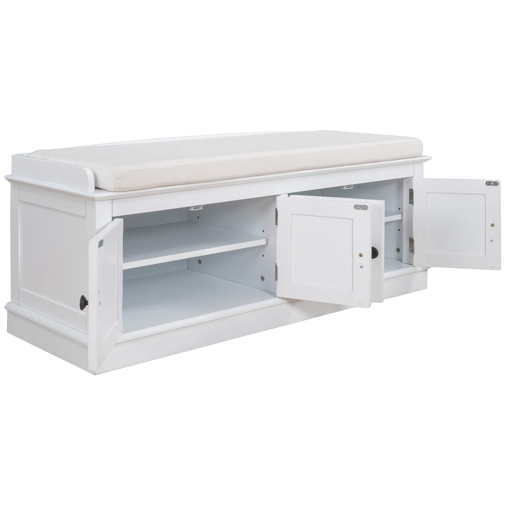 42.7" Shoe Bench with Padded Seat Cushion, 2-Tier Entryway Bench with 4 White Doors and Adjustable Shelves, Shoe