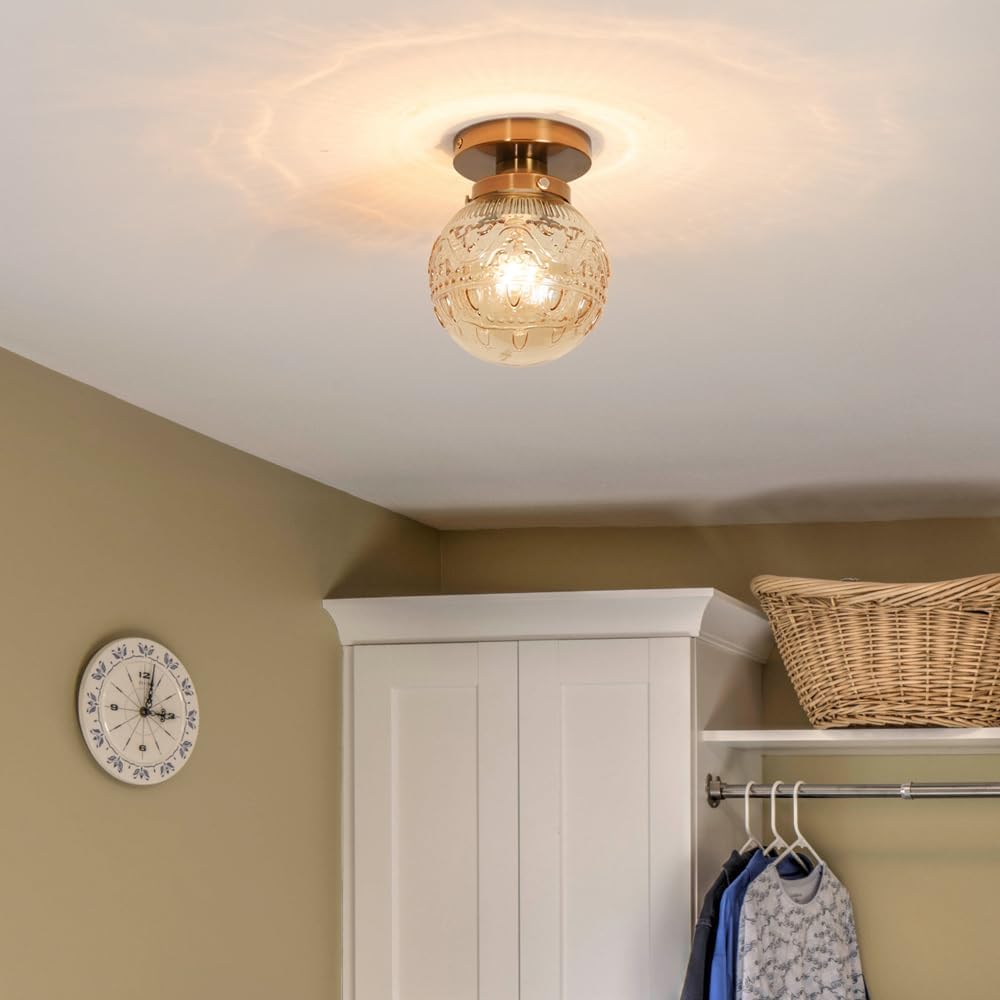 Semi Flush Mount Ceiling Light, Gold Vintage Kitchen Ceiling Lighting Fixture, Amber Globe Glass Close to Ceiling