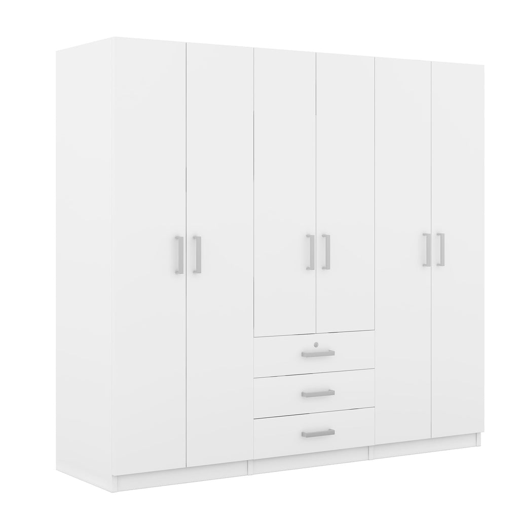 Modern 6-Doors Wooden Wardrobe with Silver Handles and Big Drawers, White