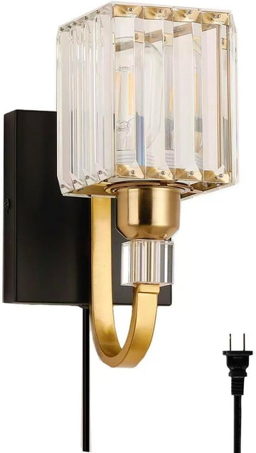 Modern Crystal Wall Sconce with Plug，Black Gold Wall Mounted Light Fixture, Plug-in Vanity Light with On/Off Switch