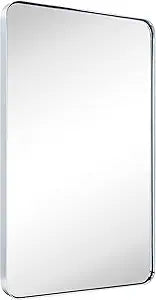 24X36'' Chrome Metal Framed Bathroom Mirror for Wall in Stainless Steel Rounded Rectangular Bathroom Vanity Mirrors