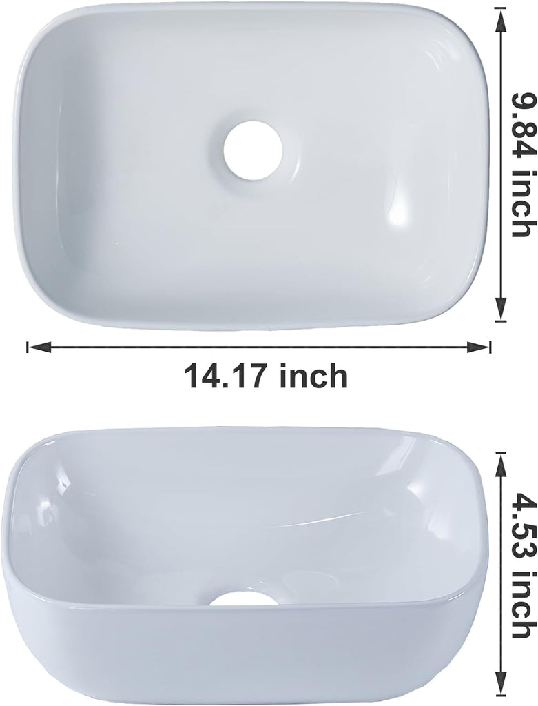 Bathroom Vessel Sink Small, 14" x 10" Above Counter White Porcelain Ceramic RV Bathroom Sink Countertop Vanity Restroom Sinks Bowl, Wash