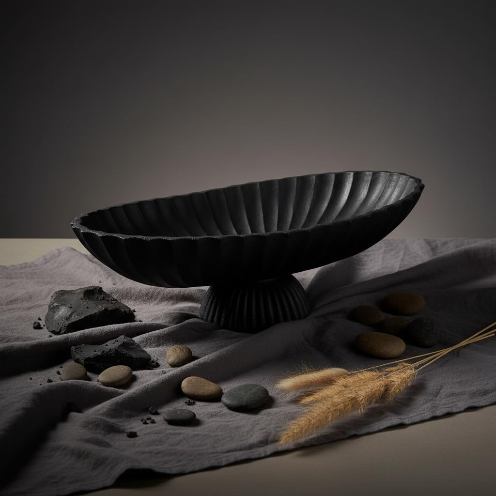 14.5" Large Decorative Long Bowl - Black Fluted Scalloped Decorative Bowls Decor - Ruffle Decor,Stylish Key Bowl for