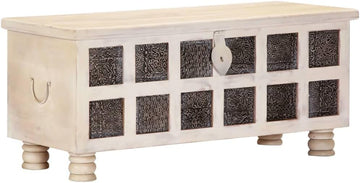 Solid Acacia Wood Storage Chest, 43.3 Inch Rustic White Trunk with Distressed Finish, Large Decorative Box and Wooden