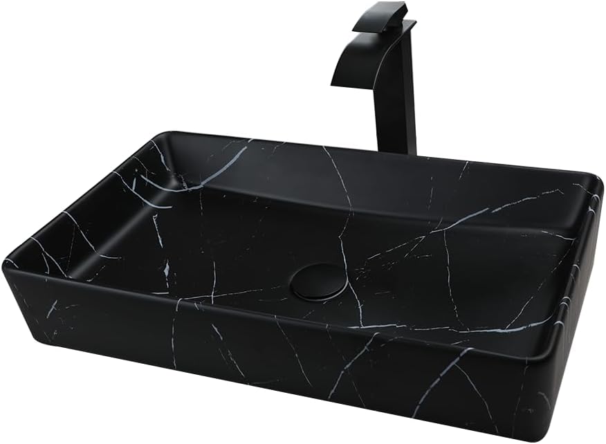 Ceramic 24x14 Inch Bathroom Sink,Vessel Sink with Faucet and Drain Combo Black Vessel Sink Rectangle Marble Bathroom