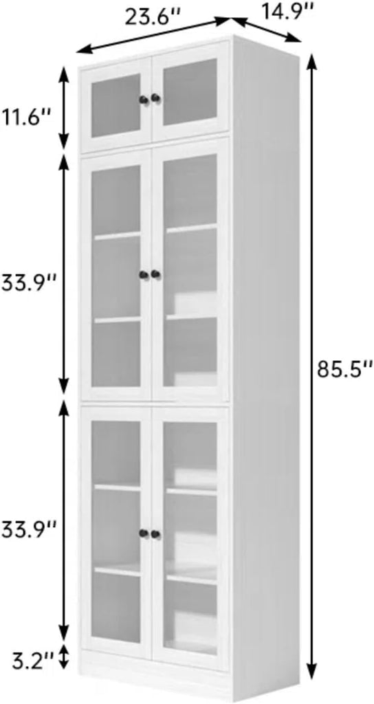 85.5" H Bookshelf Single Pack - Glass Door Design, 7 Tier Book Shelf, Curio Cabinets with Storage