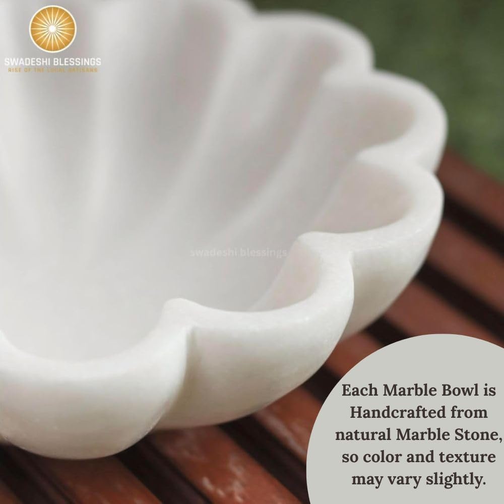 HandCrafted Marble Decorative Bowl | White Ruffle Scalloped Fluted Key/Fruit Ring Dish | Organic Modern Home Decor (6