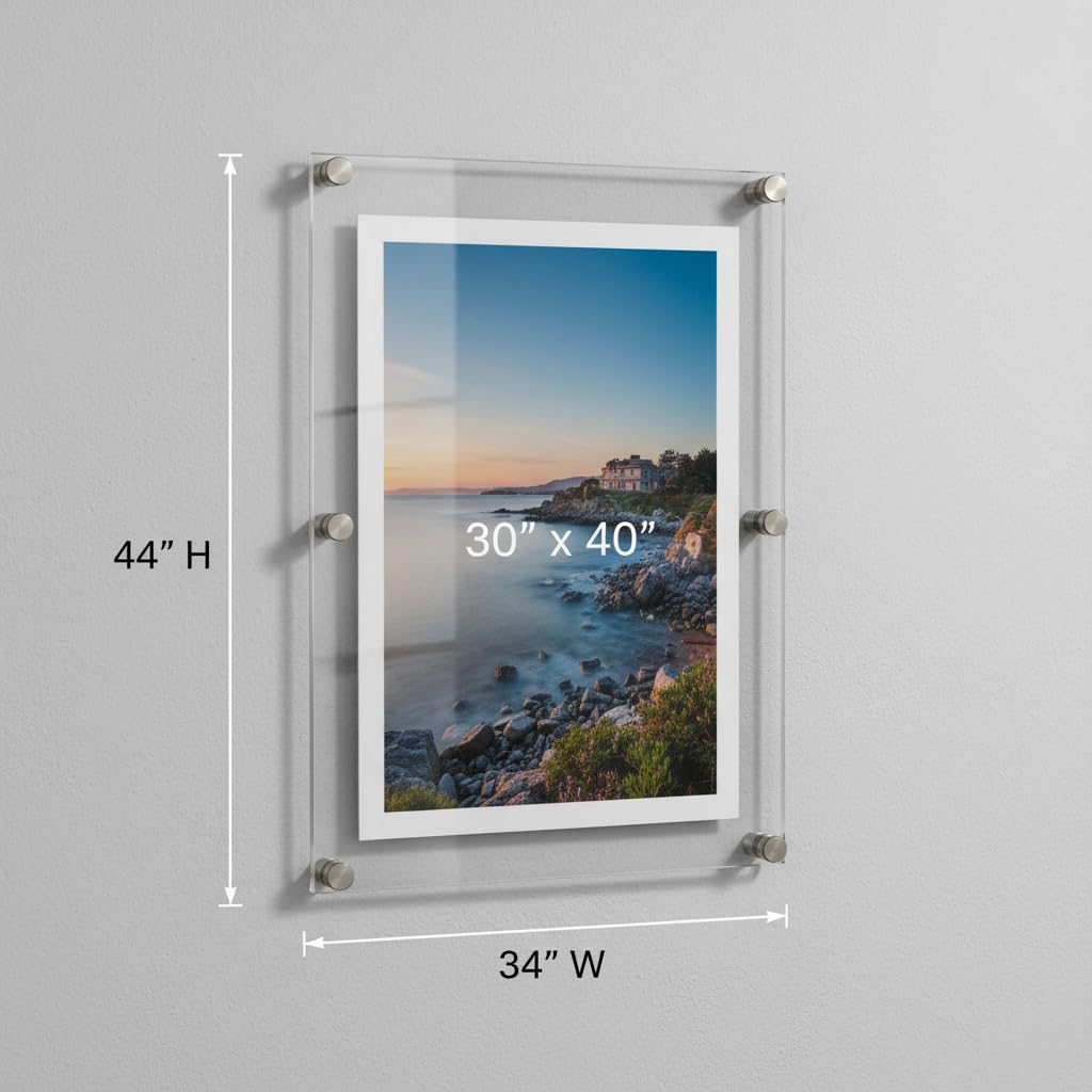 105540, Floating Acrylic Wall Frame with Silver Hardware Stand Off Caps, Clear Hanging Photo Frame Display Mount with