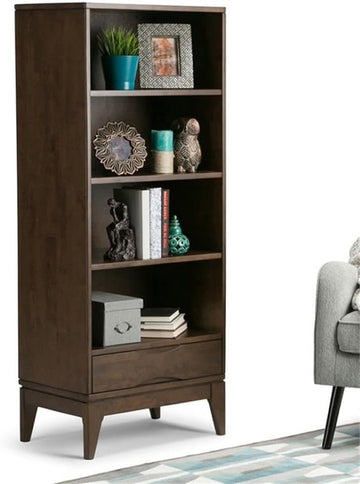 Mid-Century Bookcase, 60" H x 24" W x 16" D, Solid Rubberwood, Walnut Brown Finish, Adjustable Shelves, Drawer with