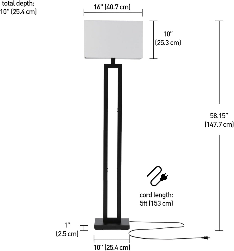 67046 58" Floor Lamp, Matte Black Finish, White Linen Rectangular Shade, Modern Geometric Cutout Design, E26 Base