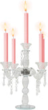 5-Arm Crystal Candelabra with Hanging Prisms & Round Mirror Base, Faceted Cut Crystal Glass, Clear Wedding