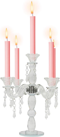 5-Arm Crystal Candelabra with Hanging Prisms & Round Mirror Base, Faceted Cut Crystal Glass, Clear Wedding
