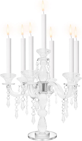 7 Arm Crystal Candelabra for Dining Table Centerpiece, 14 Inch Tall Glass Candle Holder, Elegant Clear Candle