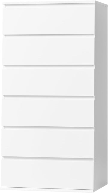 White Dresser, 6 Drawer Dresser, Modern Tall Floor Storage Cabinet with Metal Sliding Rail, Wooden Handleless Drawer