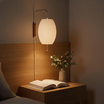 Modern Minimalist Swing Arm Bedside Wall Light with White Oval Silk Fabric Shade Wood Plug in Wall Sconce Wabi Sbai