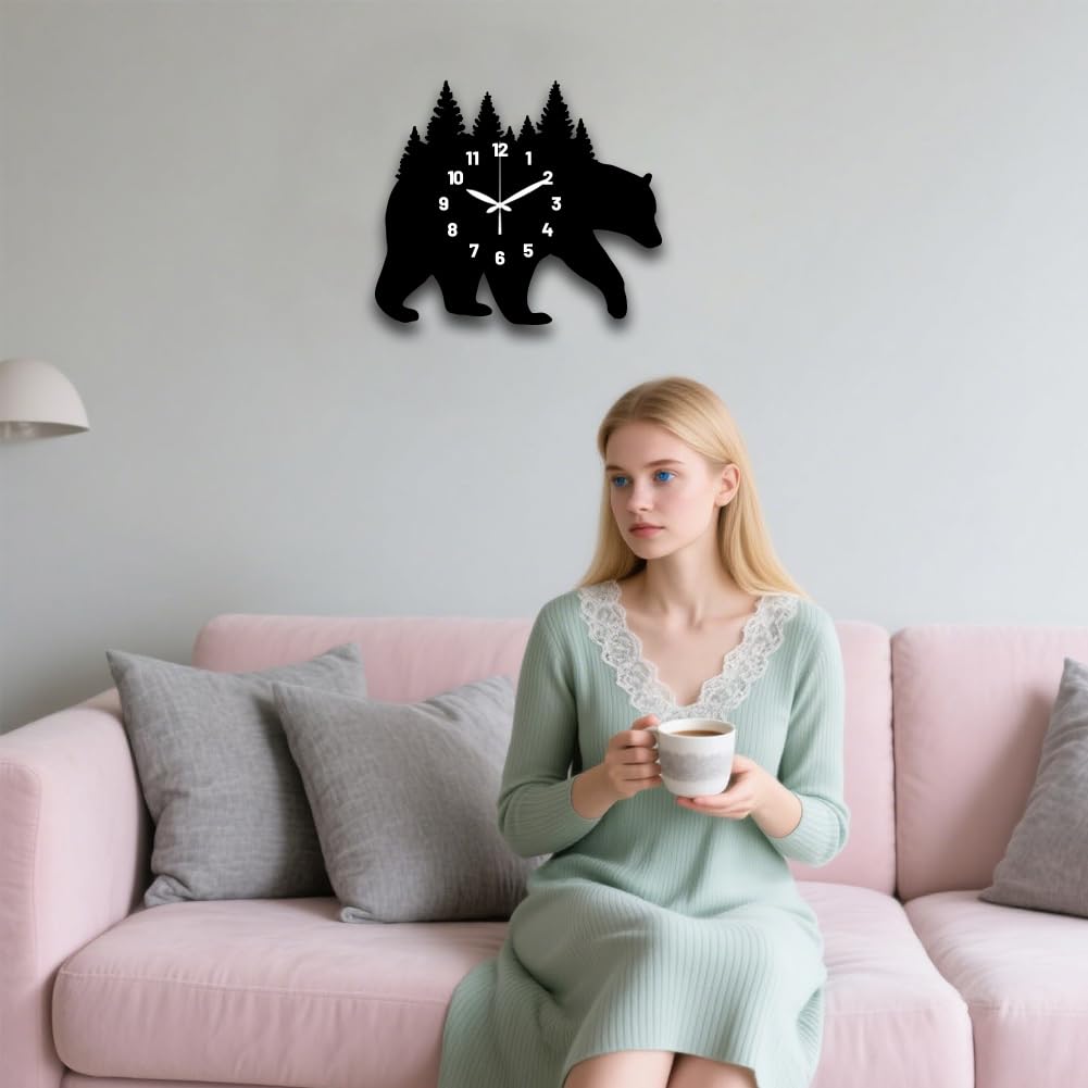 Bear Carrying Forest Pattern Wall Clock 15.2 Inch Wood Grain Non-Ticking Irregular Shape Clocks Wall Hanging Clock