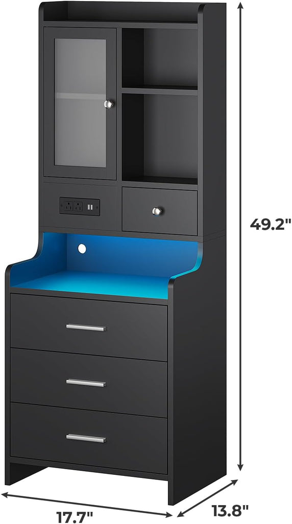 Tall Night Stand with Charging Station and LED Lights,49.2" Nightstand with Bookshelf, Black Bedside Table with