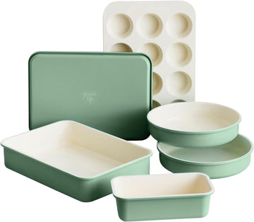 6 Piece Ceramic Nonstick Oven Bakeware Set, Sage | PFAS-Free Ceramic Nonstick, Set, Cookie Sheet, Loaf, Cake & Muffin