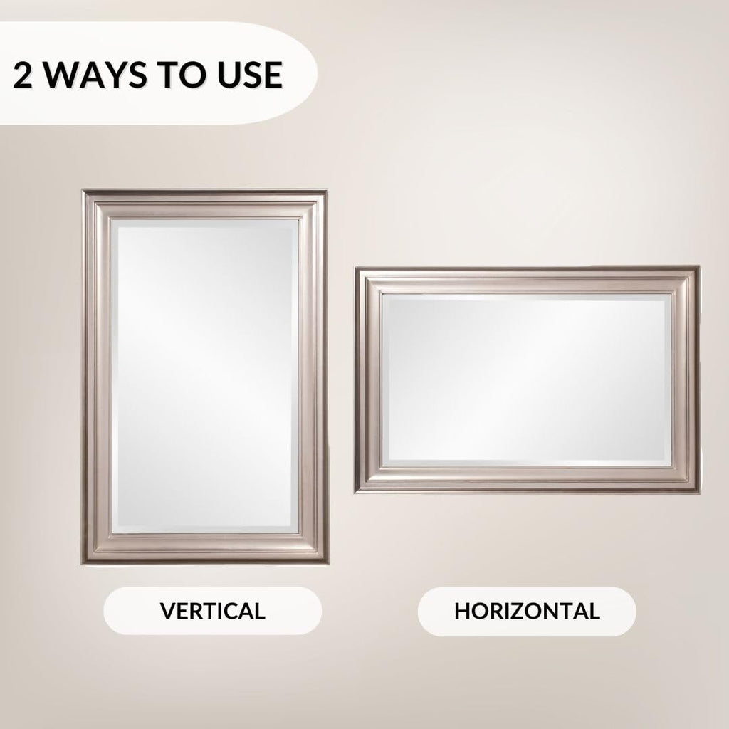 George Rectangular Bright Silver Wall Mirror, Rectangle Hanging Wood Framed Vanity Mirrors Decor, Living Room