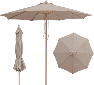 9FT/10FT Wood Patio Umbrella, Large Outdoor Table Umbrella with 205G Olefin/180G Yarn-Dyed Fabric, Push-Pull Operation