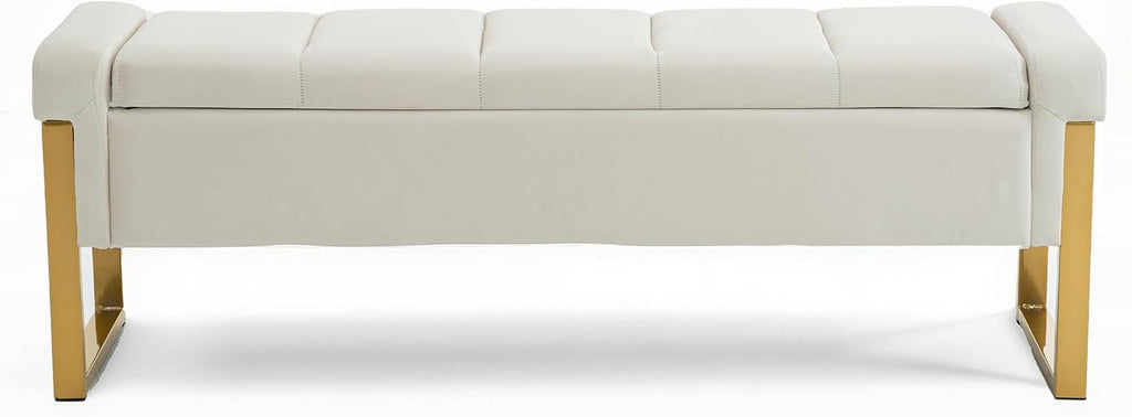 55" Tufted Storage Bench King Bed, Velvet Ivory White