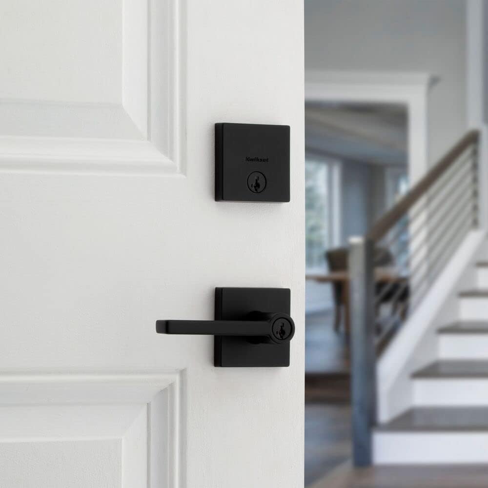991 Halifax Keyed Entry Lever and Single Cylinder Deadbolt Combo Pack Featuring SmartKey and Microban in Matte Black - Door Lever