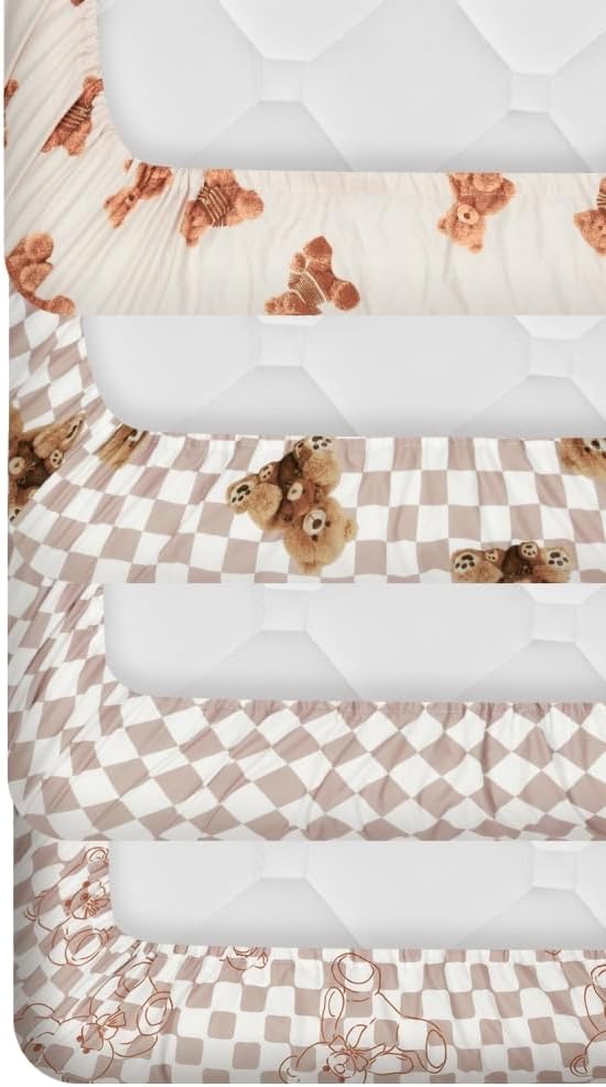 Fitted Baby Neutral Crib Sheets Bear and Buffalo Check Plaid Breathable Unisex Baby Standard Crib Sheet Set for Boys