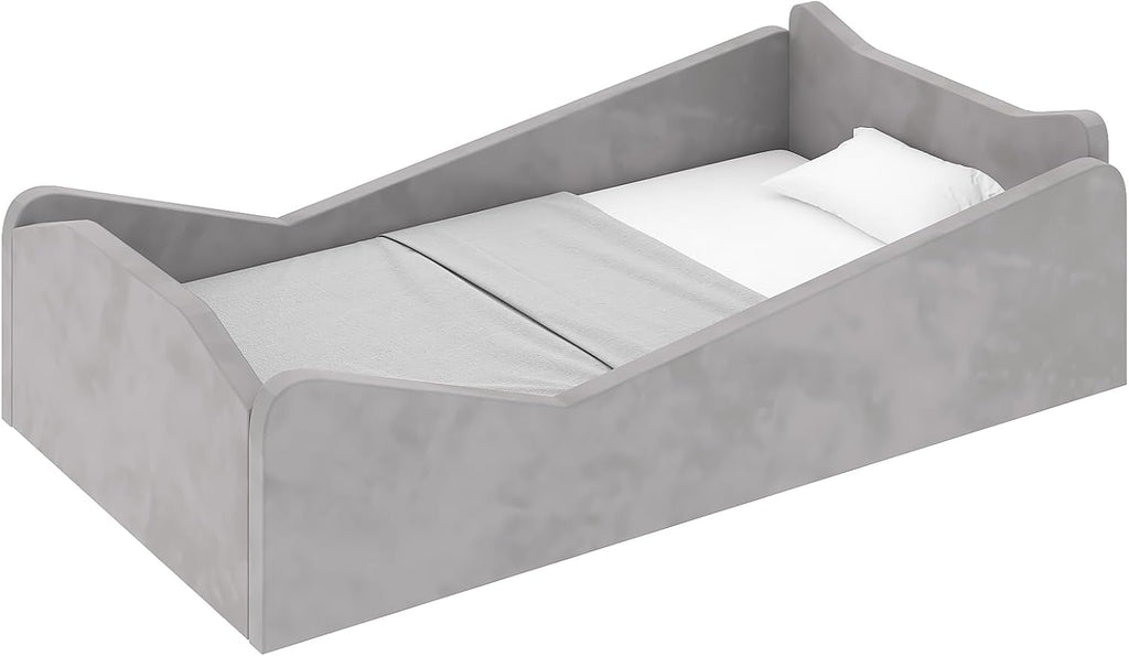 Toddler Bed, Floor Bed with Safety Guadrail, Montessori Toddler Bed with Animal Ear Shapes, Soft Velvet Wood Bed for