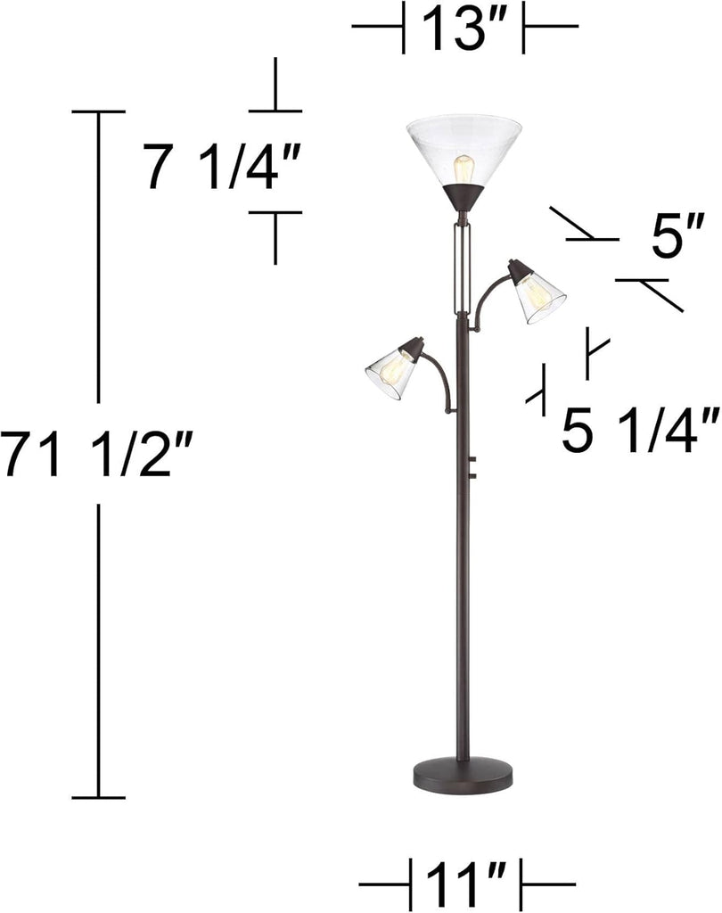 Warwick Industrial Torchiere Tree Floor Lamp LED 3-Light Edison 71.5" Tall Tiger Bronze Metal Clear Seedy Glass Shade