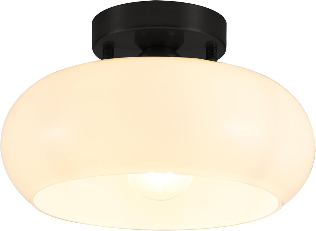 Black Semi Flush Mount Ceiling Light, Mid Century Modern Ceiling Light with Frosted Glass Shade, 11 Inch Close to