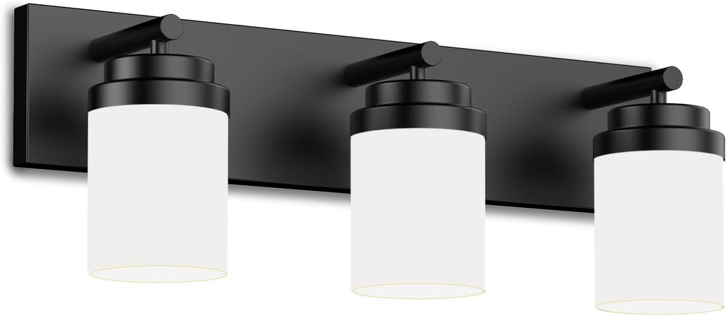 Bathroom Vanity Light Fixture, 3-Light 22 Inch Matte Black Bathroom Light Fixtures Over Mirror, with White Glass
