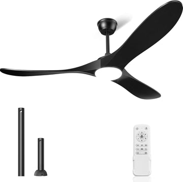 Inspired Maverick Style Ceiling Fans with Lights and Remote, 3 Solid Wood Blades, Outdoor Wooden Ceiling Fan with 2 Downrods for Patios, 60 Inch Modern Ceiling Fan with Noiseless Reversible DC Motor (Black)