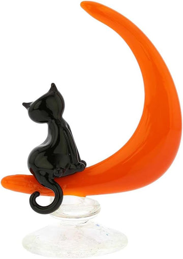 Cat On The Moon Statue 5" Italian Black Kitten Figurine Sculpture