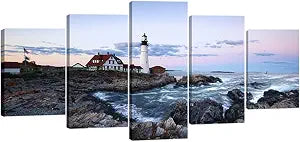 Large Canvas Prints Wall Art Portland Lighthouse Landscape Pictures to Photo Paintings Bathroom Home Decoration Wall - Set of 5